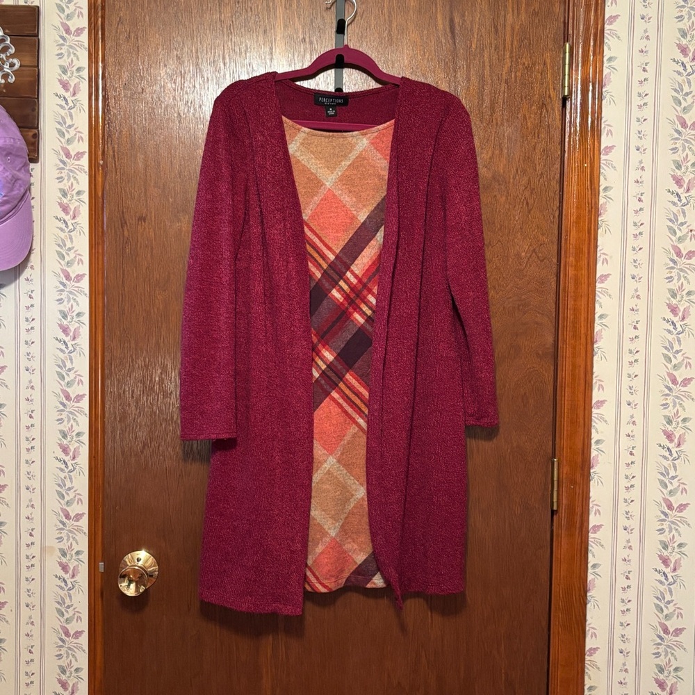 Perceptions Rich Burgundy Knit Layered Look Long Sleeve One Piece Dress